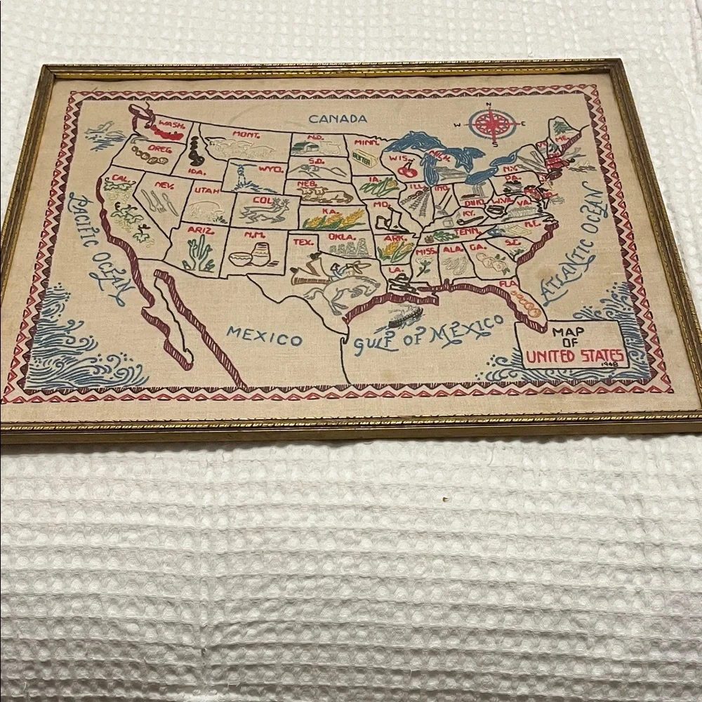 Vintage United States Hand Embroidered Map Wall Art - Picture 1 of 3